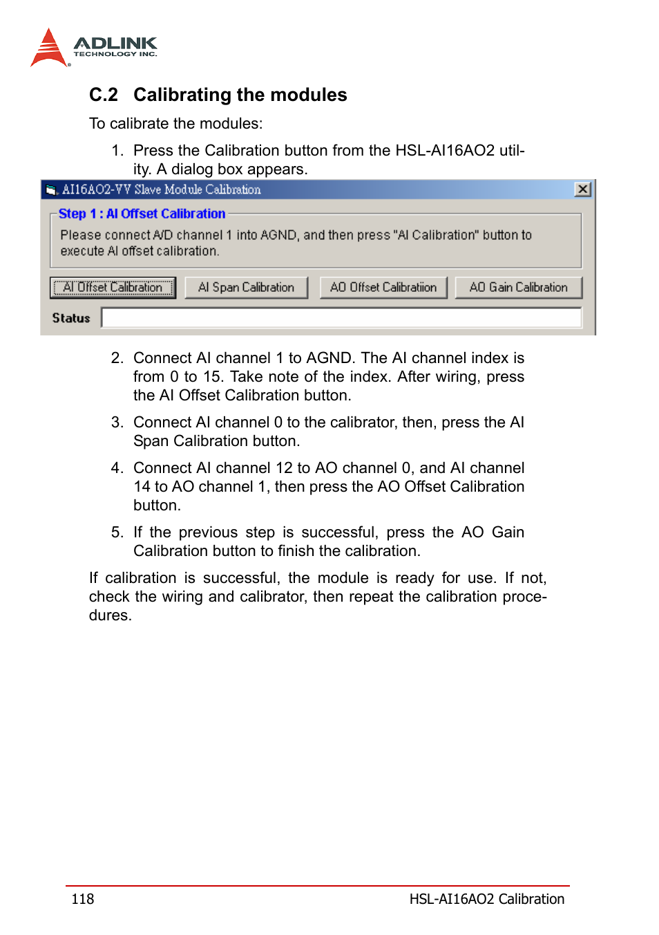 C.2 calibrating the modules, Calibrating the modules | ADLINK HSL-AI16AO2-M-VV/-AV User Manual | Page 131 / 137