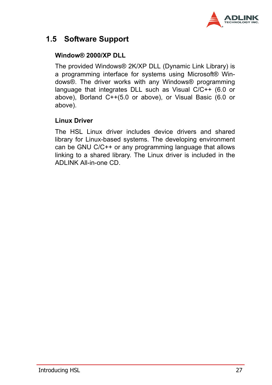 5 software support, Software support | ADLINK HSL-AI16AO2-M-VV/-AV User Manual | Page 40 / 137
