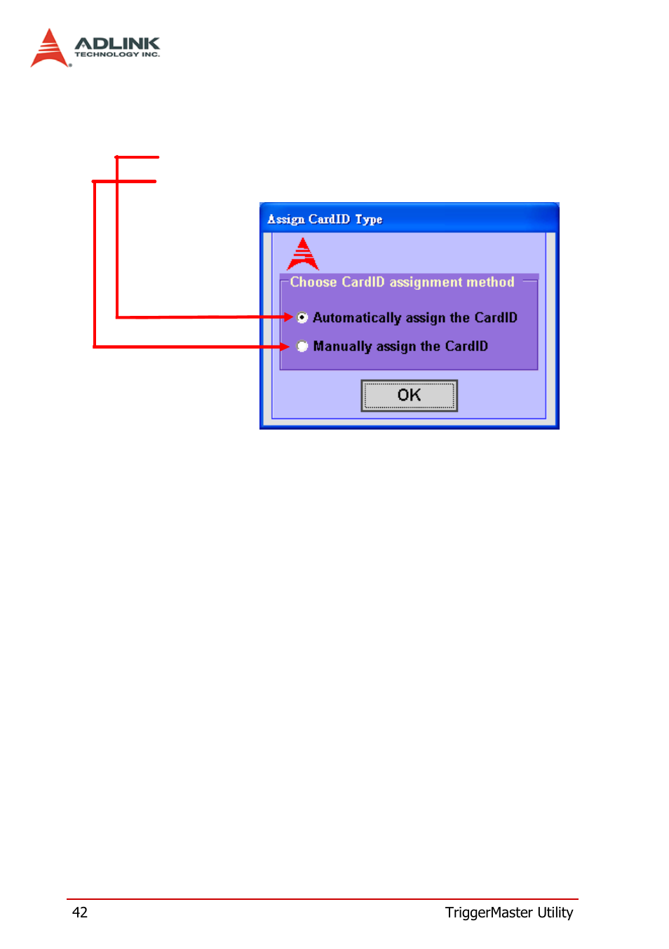 3 triggermaster form introduction, 1 assign id type dialog, Triggermaster form introduction | Assign id type dialog | ADLINK PCI-8124-C User Manual | Page 52 / 102