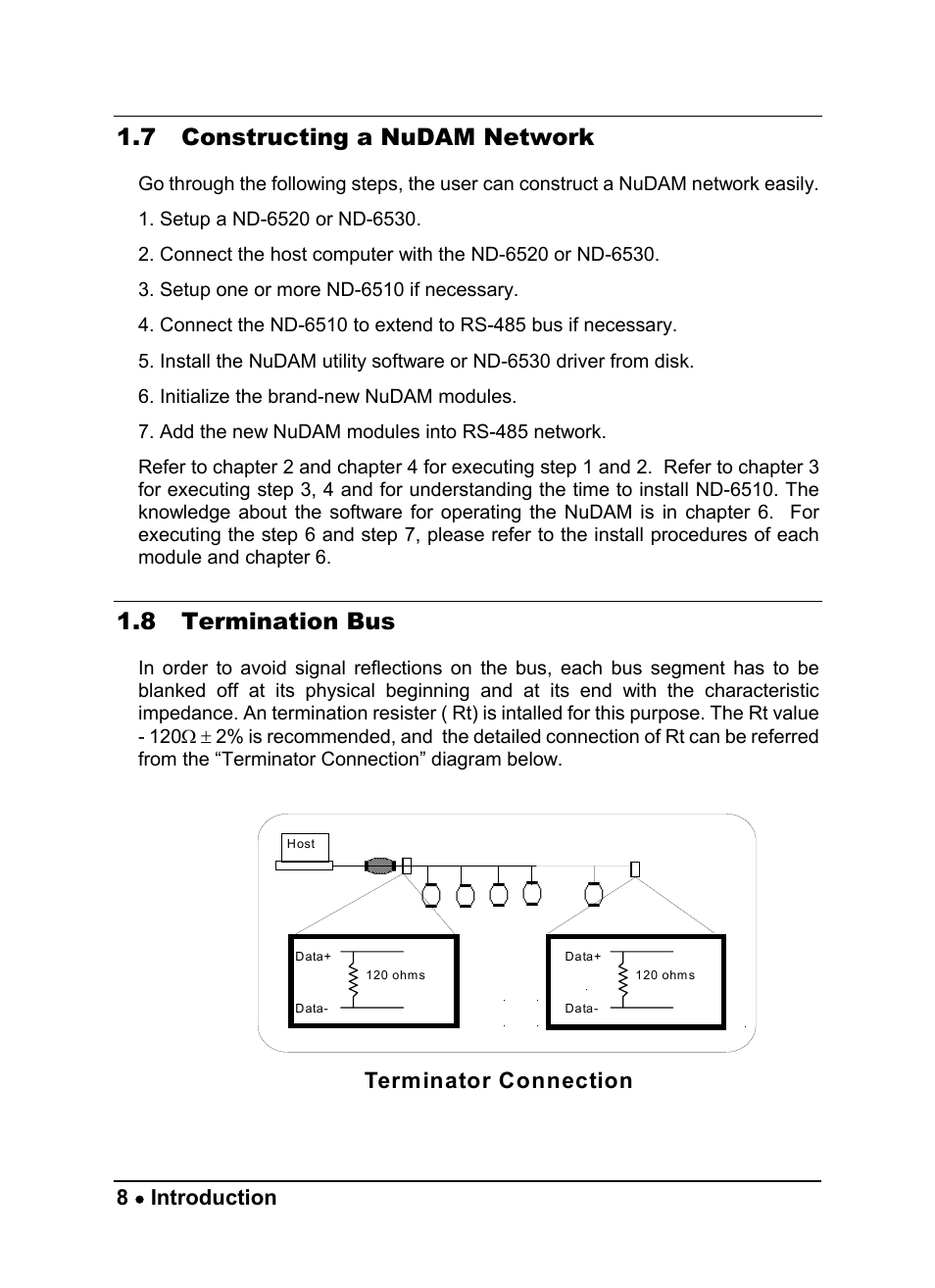 7 constructing a nudam network, 8 termination bus, 8• introduction | Terminator connection | ADLINK ND-6530 User Manual | Page 12 / 95