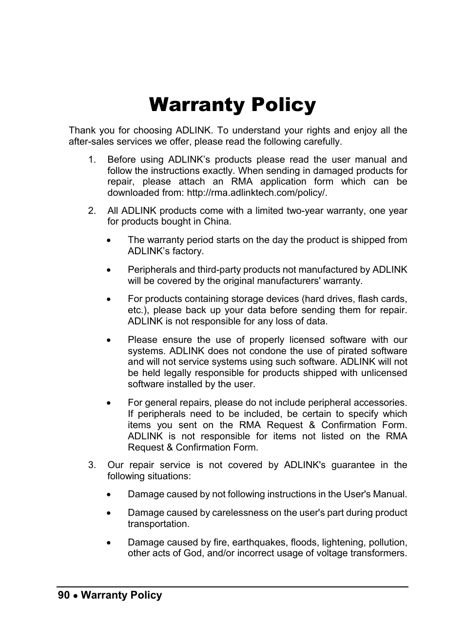 Warranty policy | ADLINK ND-6530 User Manual | Page 94 / 95