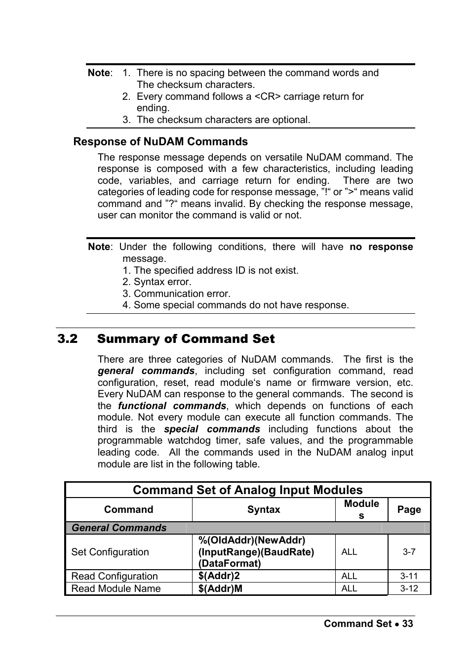 2 summary of command set, Command set of analog input modules | ADLINK ND-6017 User Manual | Page 41 / 108