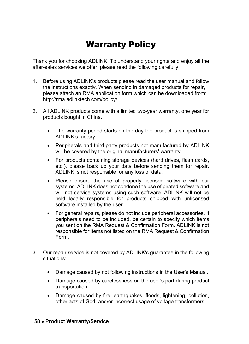 Warranty policy | ADLINK ND-6021 User Manual | Page 64 / 65