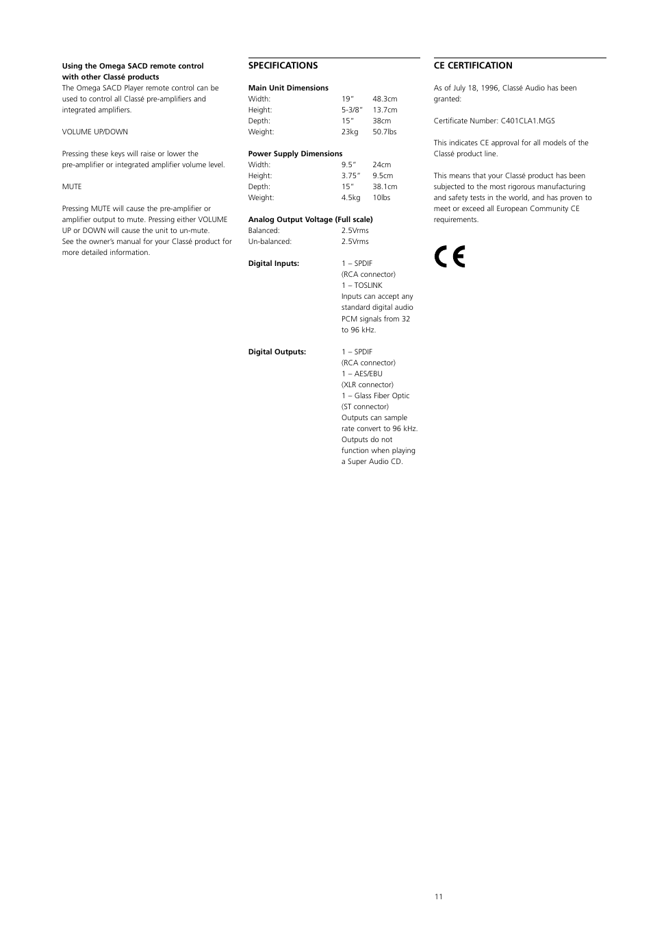 Classe Audio Omega Super Audio User Manual | Page 11 / 12