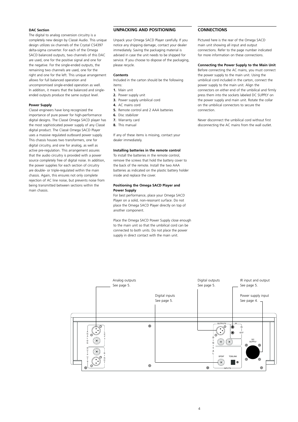 Unpacking and positioning, Connections | Classe Audio Omega Super Audio User Manual | Page 4 / 12