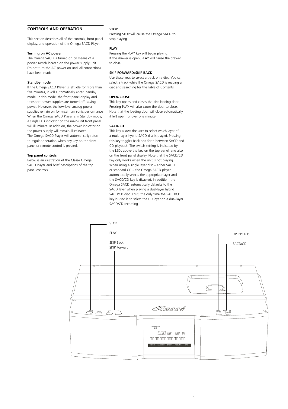Controls and operation | Classe Audio Omega Super Audio User Manual | Page 6 / 12