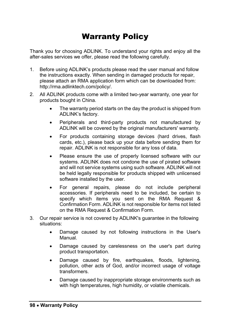 Warranty policy | ADLINK ND-6052 User Manual | Page 106 / 107