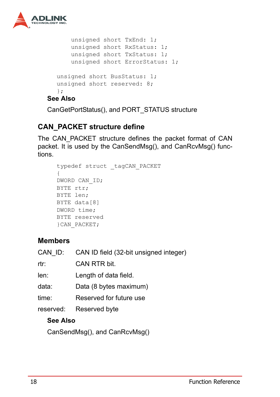 Can_packet structure define, Members, Can_packet structure define members | ADLINK PCI-7841/cPCI-7841 User Manual | Page 26 / 52