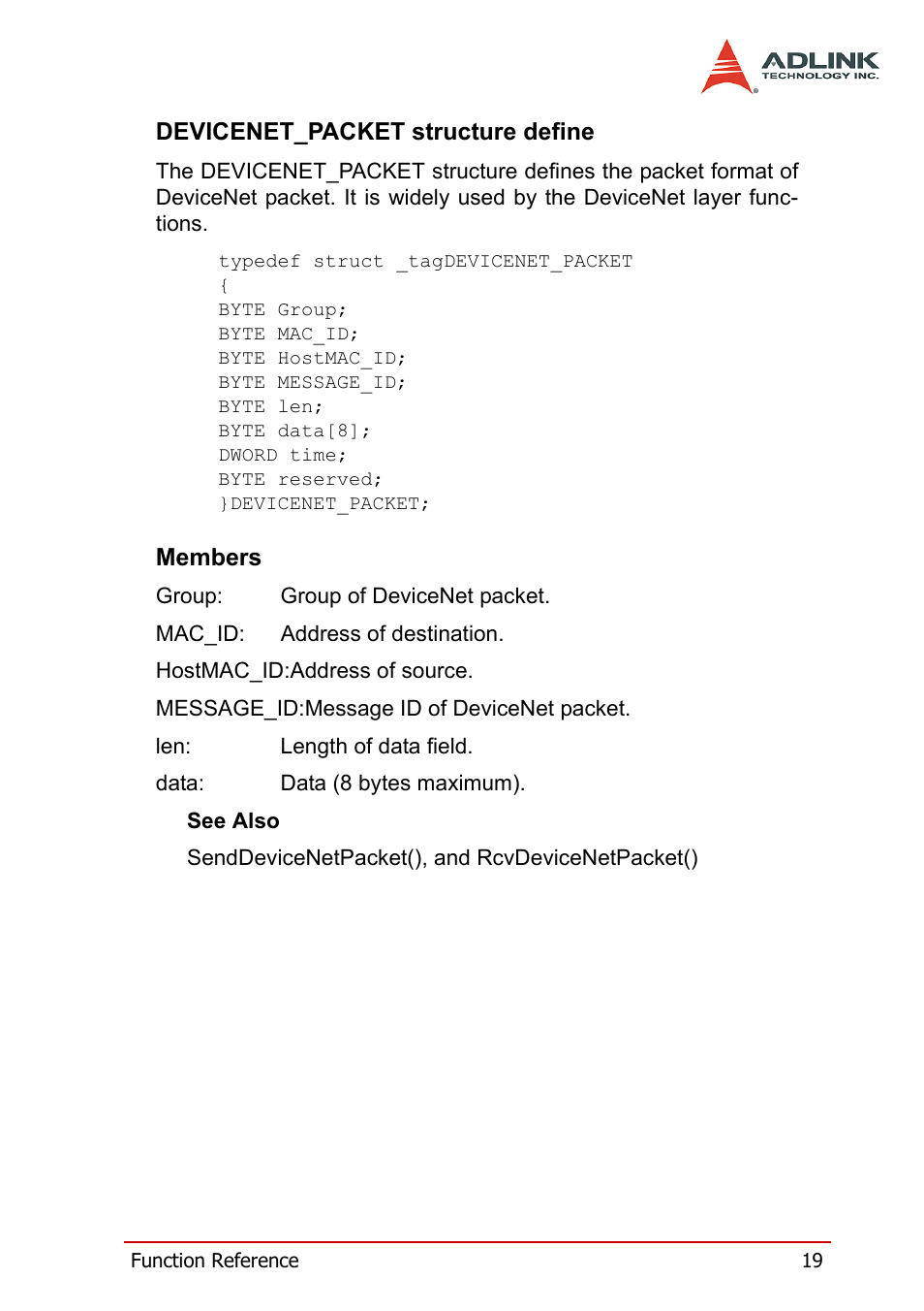 Devicenet_packet structure define, Members, Devicenet_packet structure define members | ADLINK PCI-7841/cPCI-7841 User Manual | Page 27 / 52