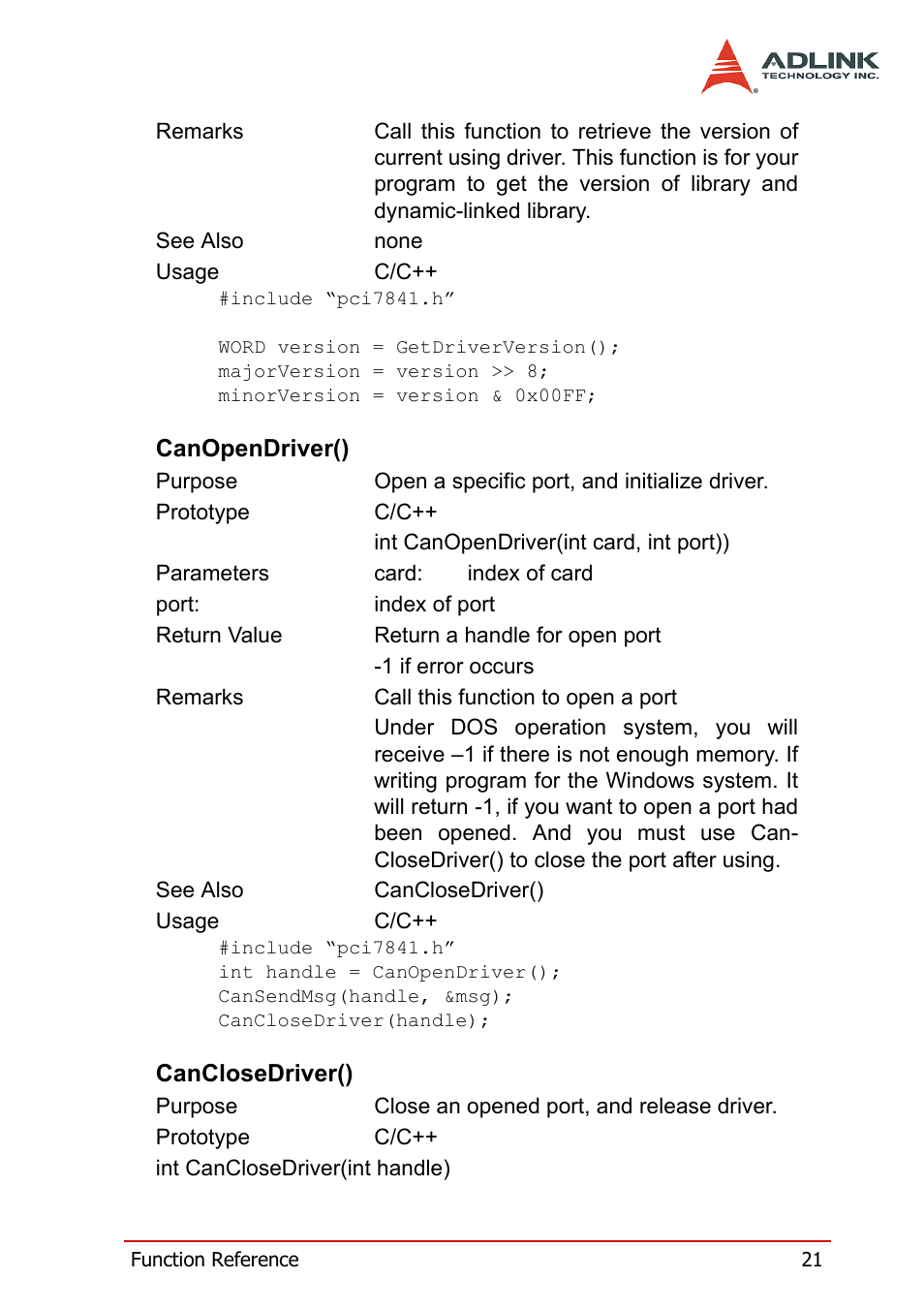 Canopendriver(), Canclosedriver(), Canopendriver() canclosedriver() | ADLINK PCI-7841/cPCI-7841 User Manual | Page 29 / 52