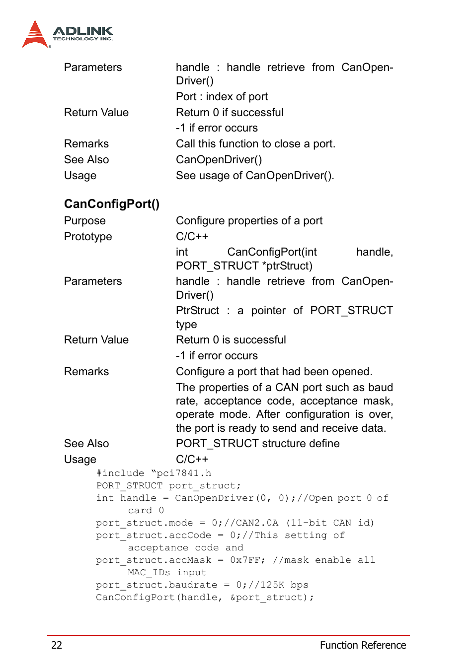 Canconfigport() | ADLINK PCI-7841/cPCI-7841 User Manual | Page 30 / 52
