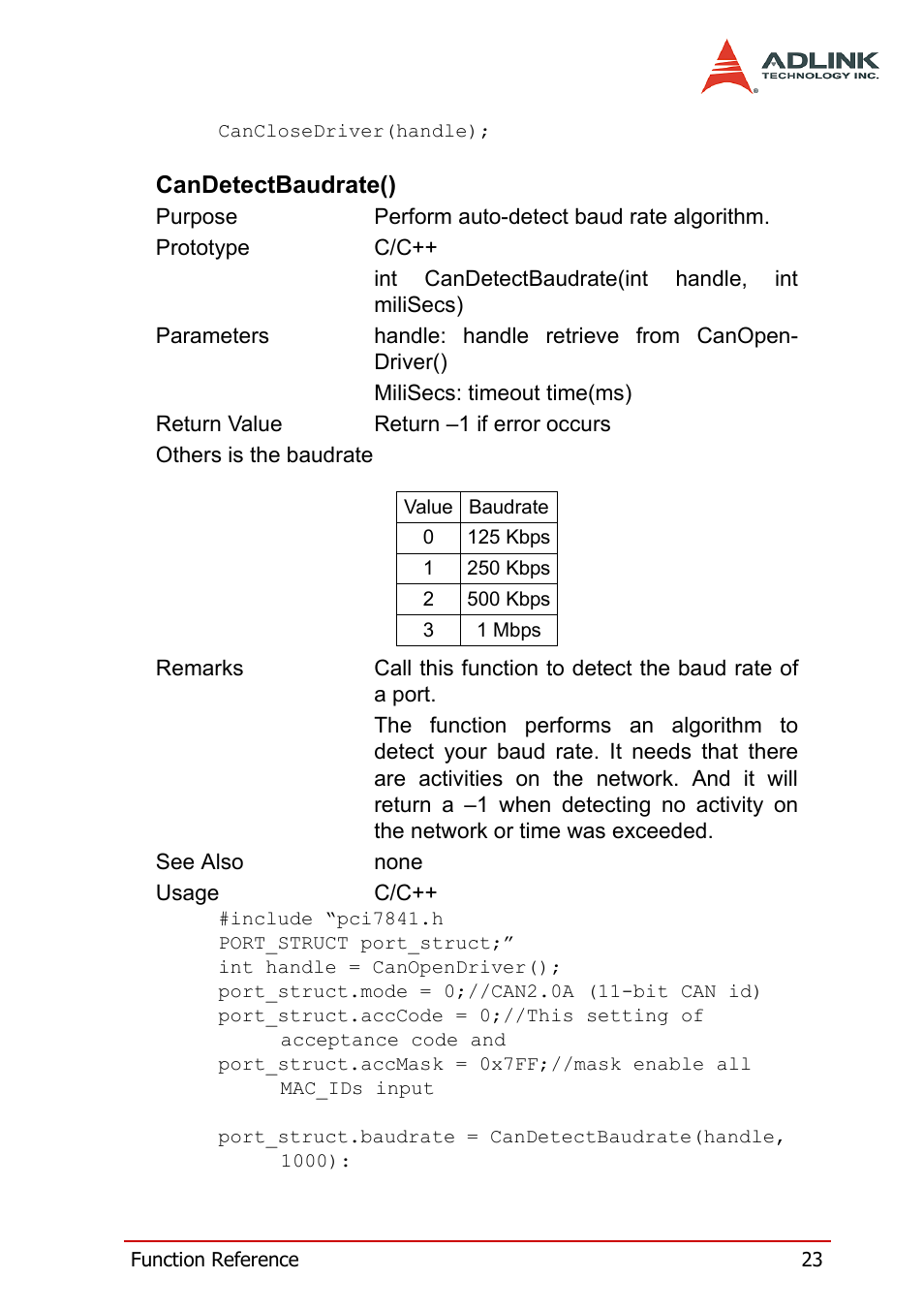 Candetectbaudrate() | ADLINK PCI-7841/cPCI-7841 User Manual | Page 31 / 52