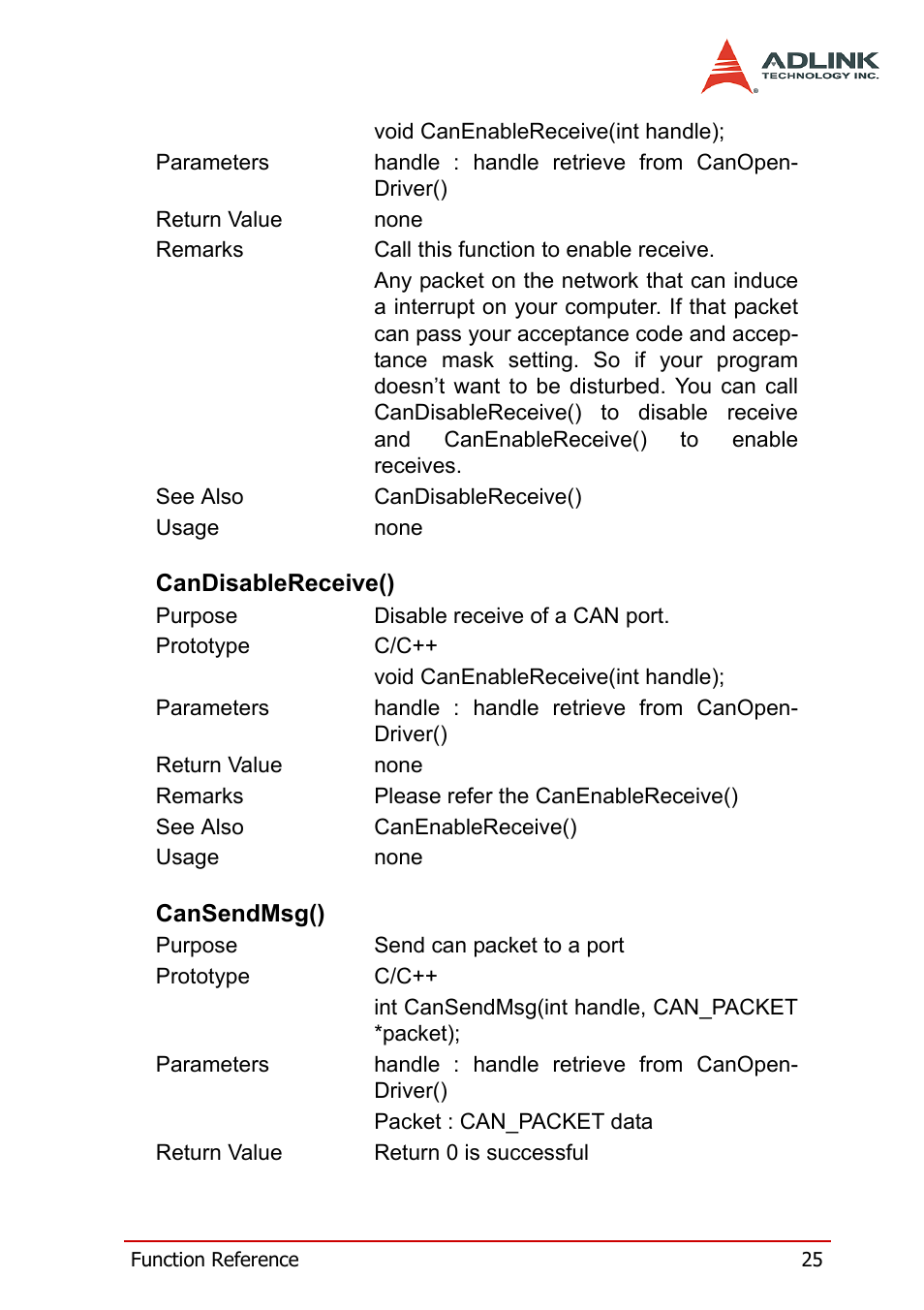 Candisablereceive(), Cansendmsg(), Candisablereceive() cansendmsg() | ADLINK PCI-7841/cPCI-7841 User Manual | Page 33 / 52