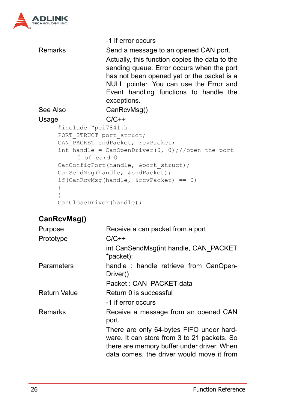 Canrcvmsg() | ADLINK PCI-7841/cPCI-7841 User Manual | Page 34 / 52