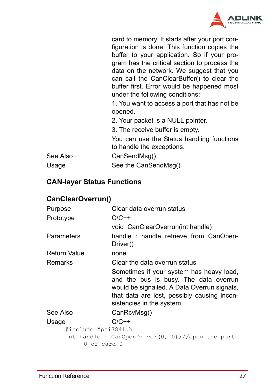 Can-layer status functions, Canclearoverrun(), Can-layer status functions canclearoverrun() | ADLINK PCI-7841/cPCI-7841 User Manual | Page 35 / 52