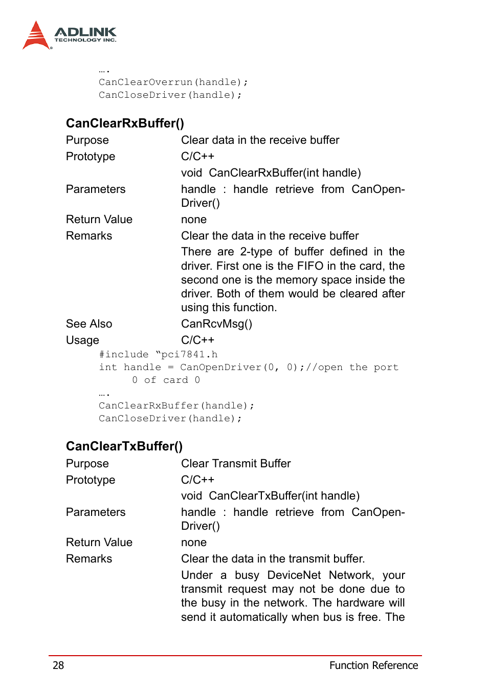 Canclearrxbuffer(), Cancleartxbuffer(), Canclearrxbuffer() cancleartxbuffer() | ADLINK PCI-7841/cPCI-7841 User Manual | Page 36 / 52