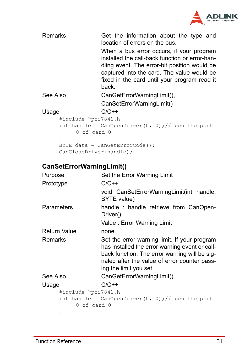 Canseterrorwarninglimit() | ADLINK PCI-7841/cPCI-7841 User Manual | Page 39 / 52
