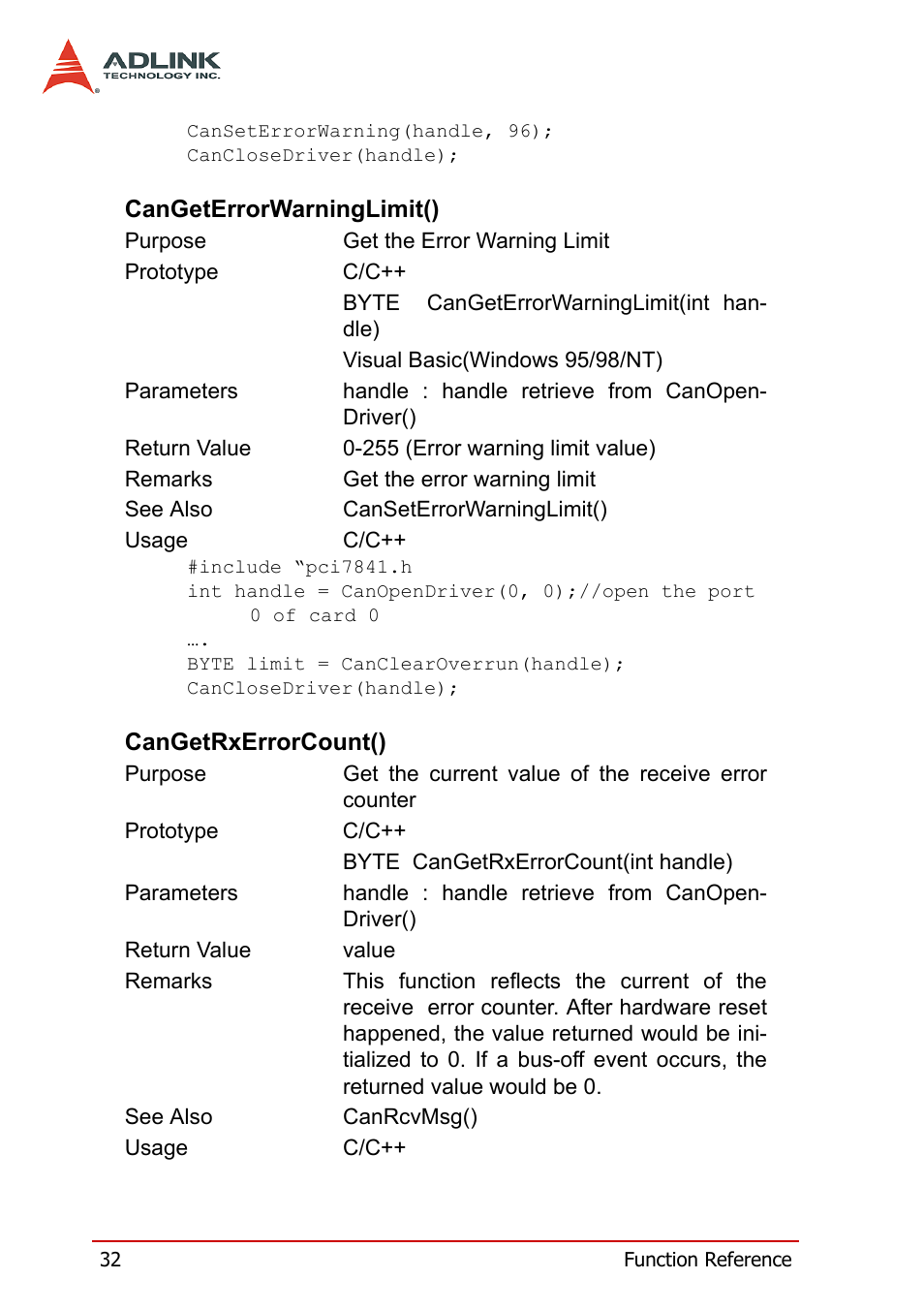 Cangeterrorwarninglimit(), Cangetrxerrorcount(), Cangeterrorwarninglimit() cangetrxerrorcount() | ADLINK PCI-7841/cPCI-7841 User Manual | Page 40 / 52