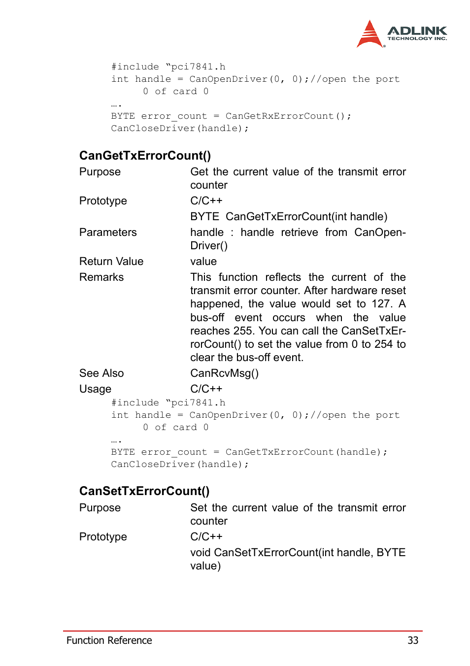 Cangettxerrorcount(), Cansettxerrorcount(), Cangettxerrorcount() cansettxerrorcount() | ADLINK PCI-7841/cPCI-7841 User Manual | Page 41 / 52