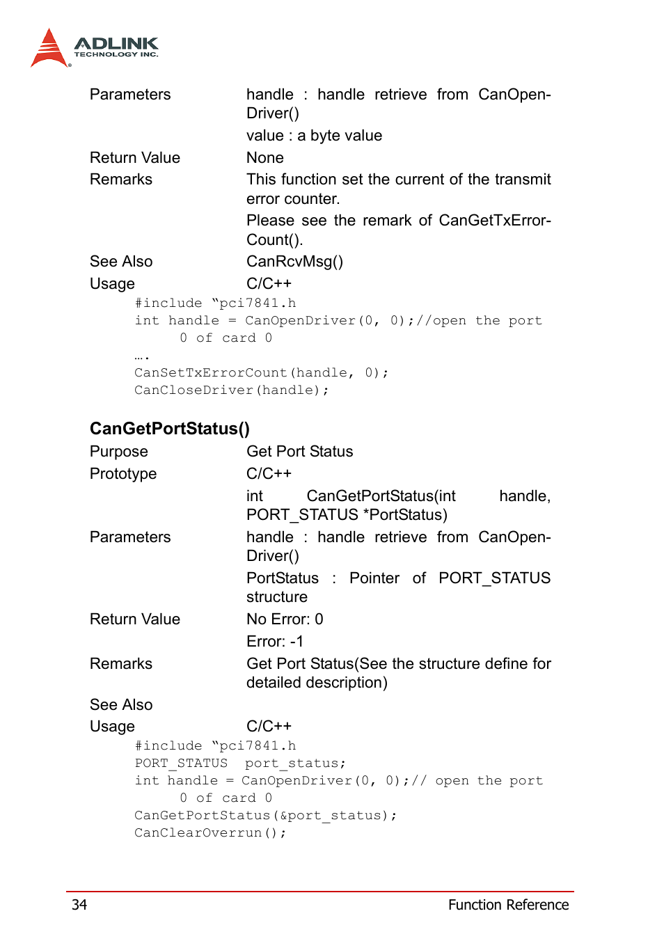 Cangetportstatus() | ADLINK PCI-7841/cPCI-7841 User Manual | Page 42 / 52