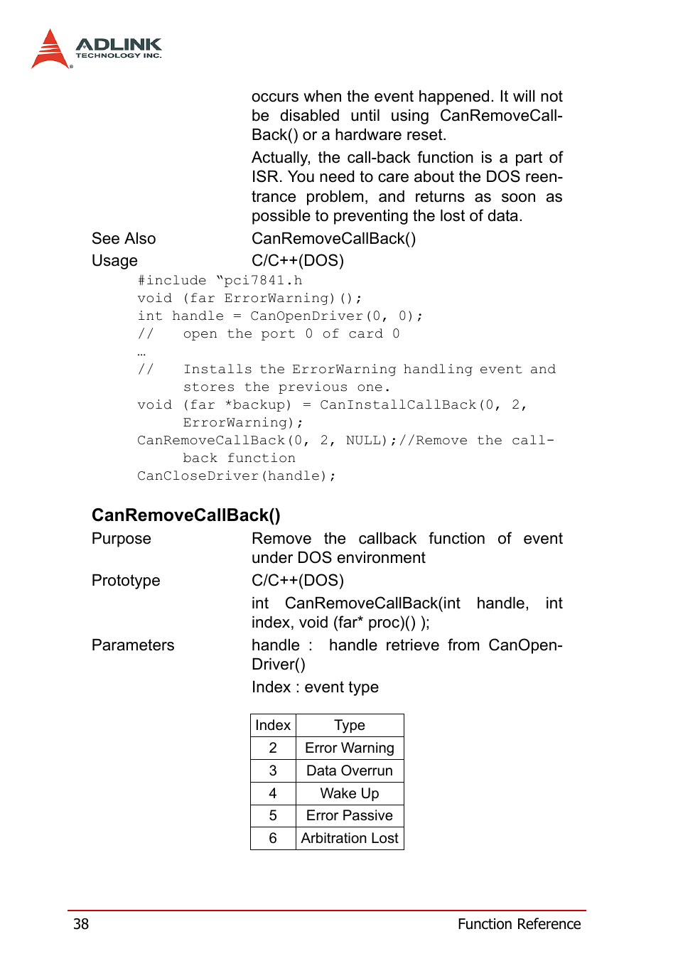 Canremovecallback() | ADLINK PCI-7841/cPCI-7841 User Manual | Page 46 / 52