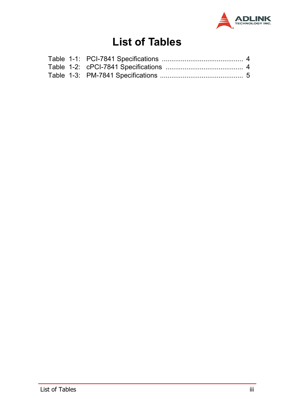 List of tables | ADLINK PCI-7841/cPCI-7841 User Manual | Page 7 / 52