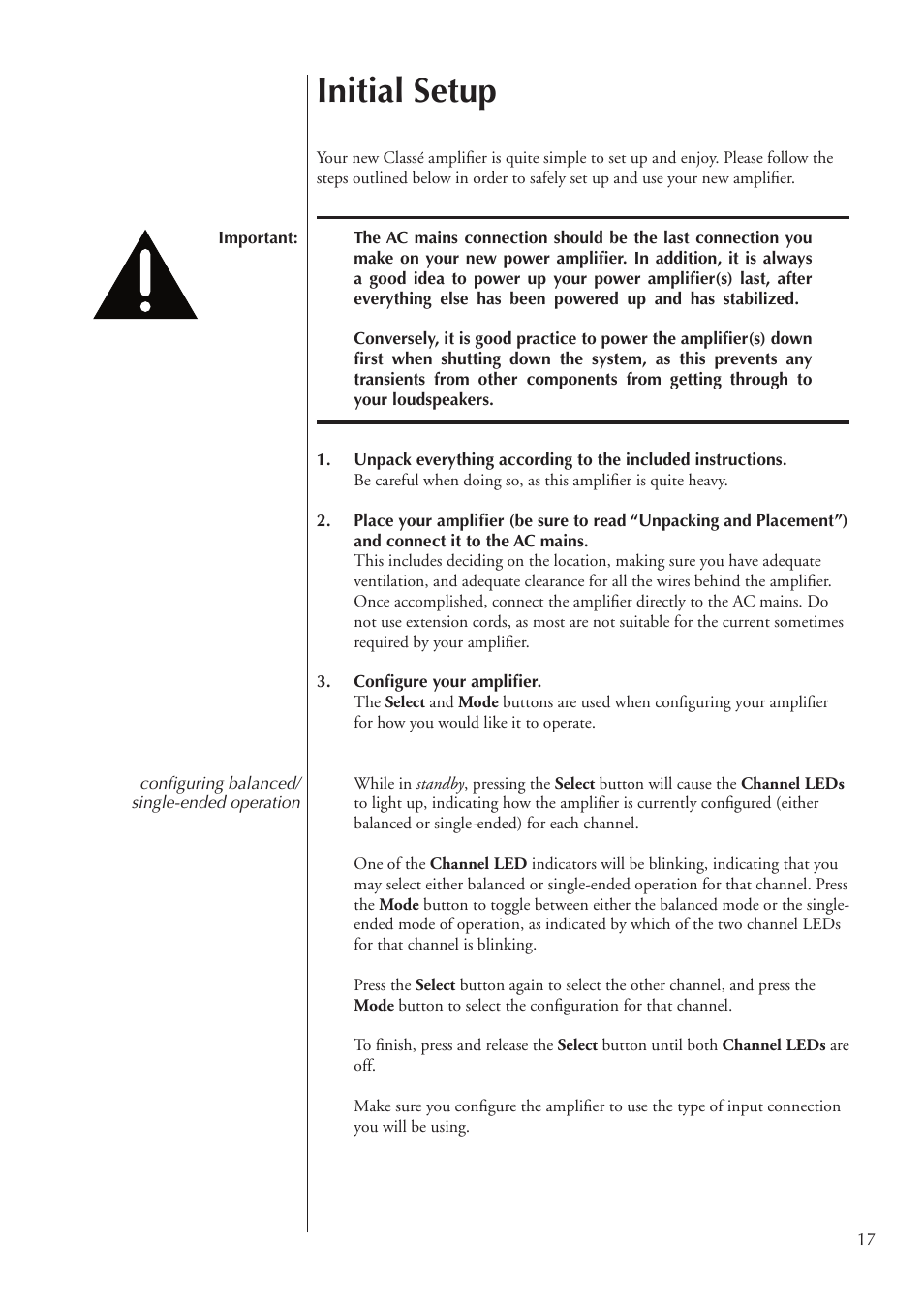 Initial setup | Classe Audio CA-2100 User Manual | Page 17 / 24