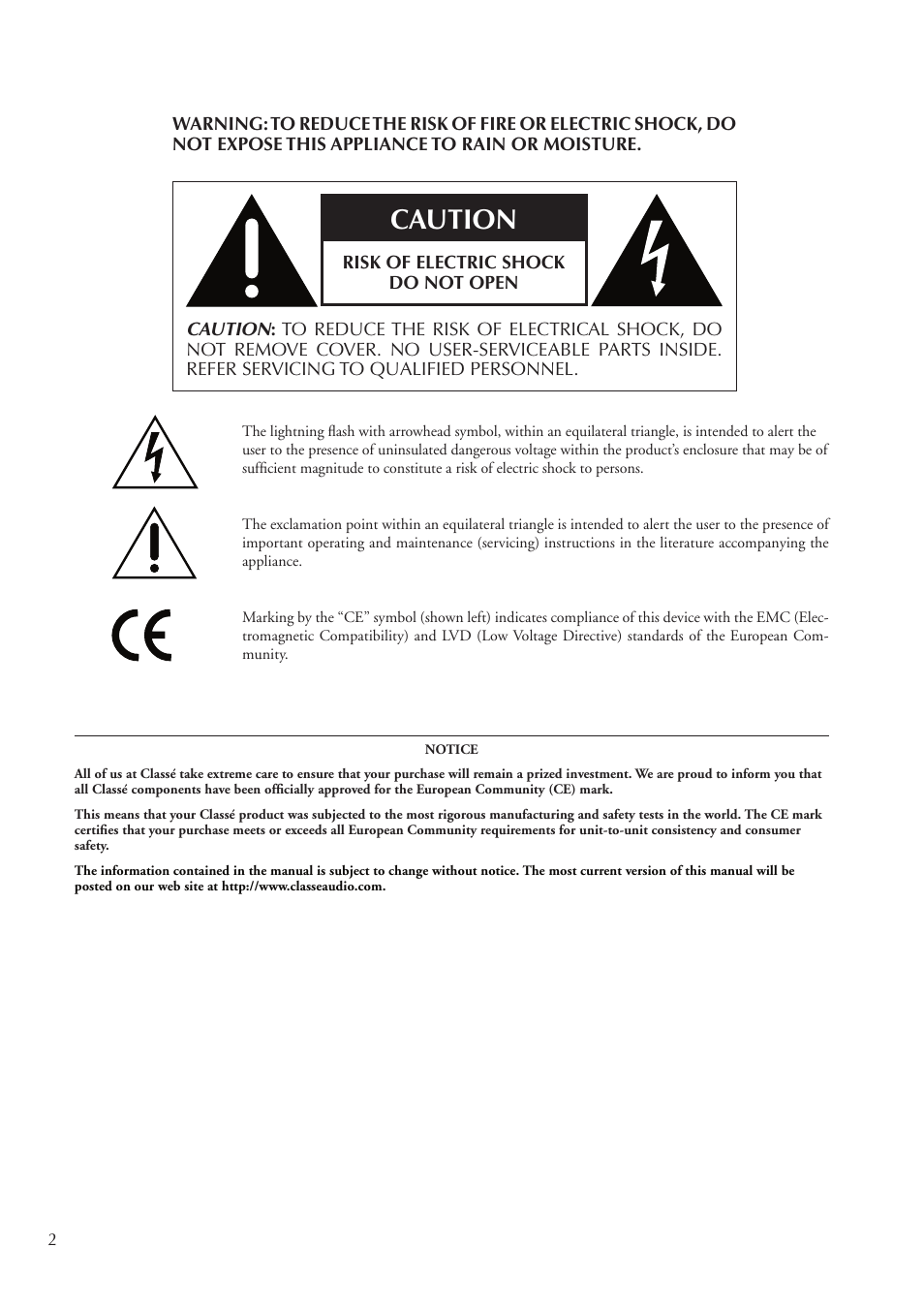 Caution | Classe Audio CA-2100 User Manual | Page 2 / 24