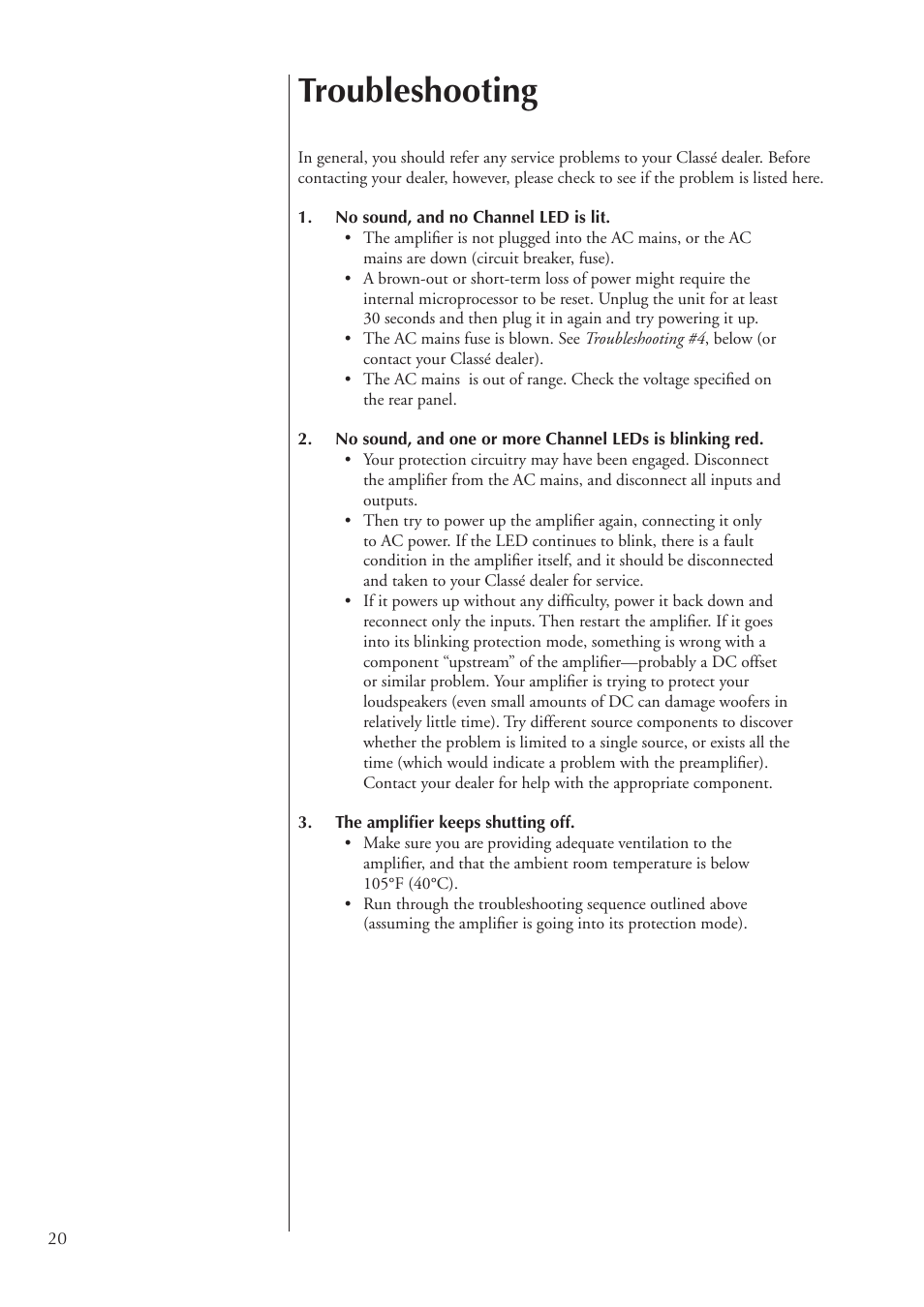 Troubleshooting | Classe Audio CA-2100 User Manual | Page 20 / 24