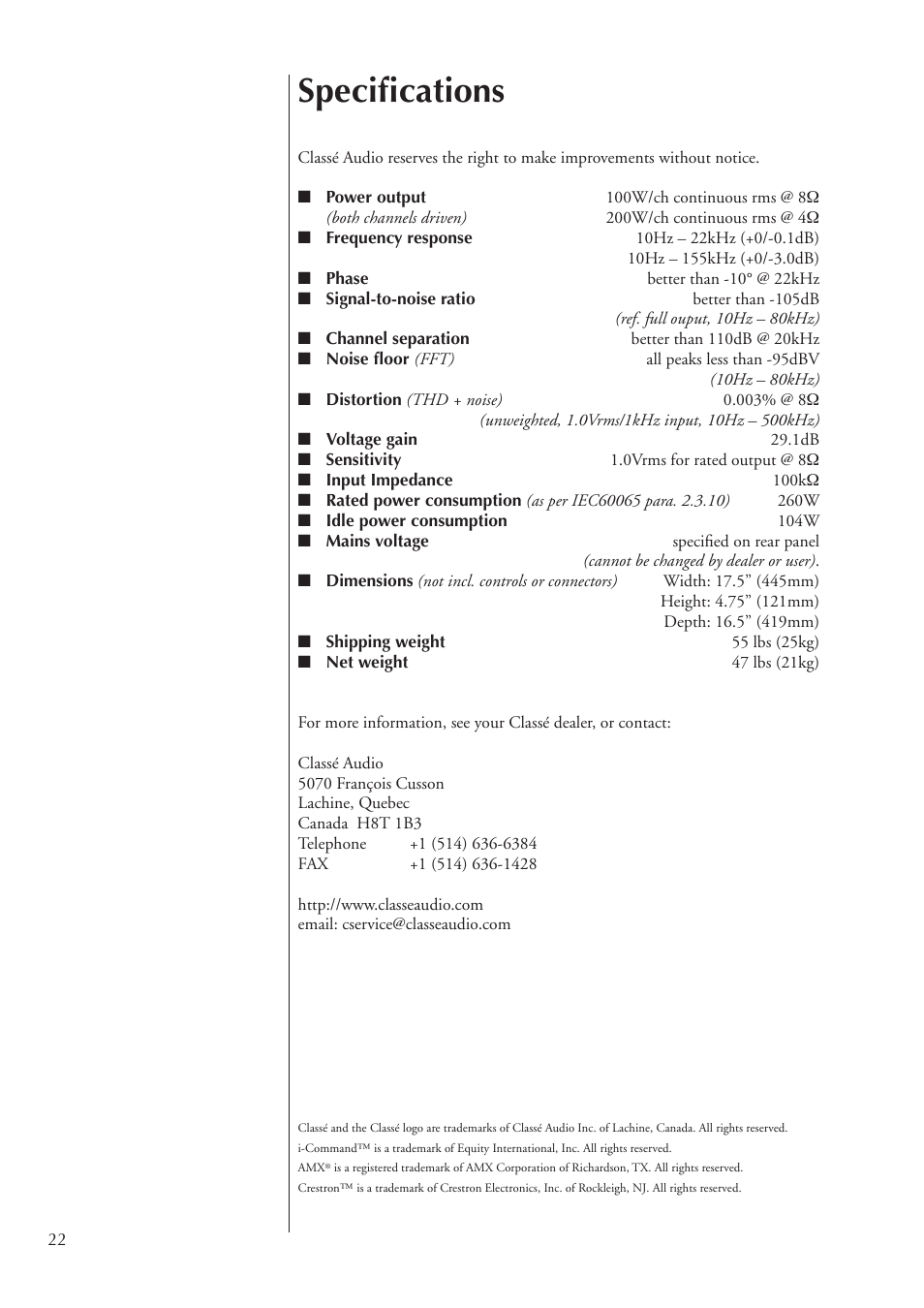 Speciﬁcations | Classe Audio CA-2100 User Manual | Page 22 / 24