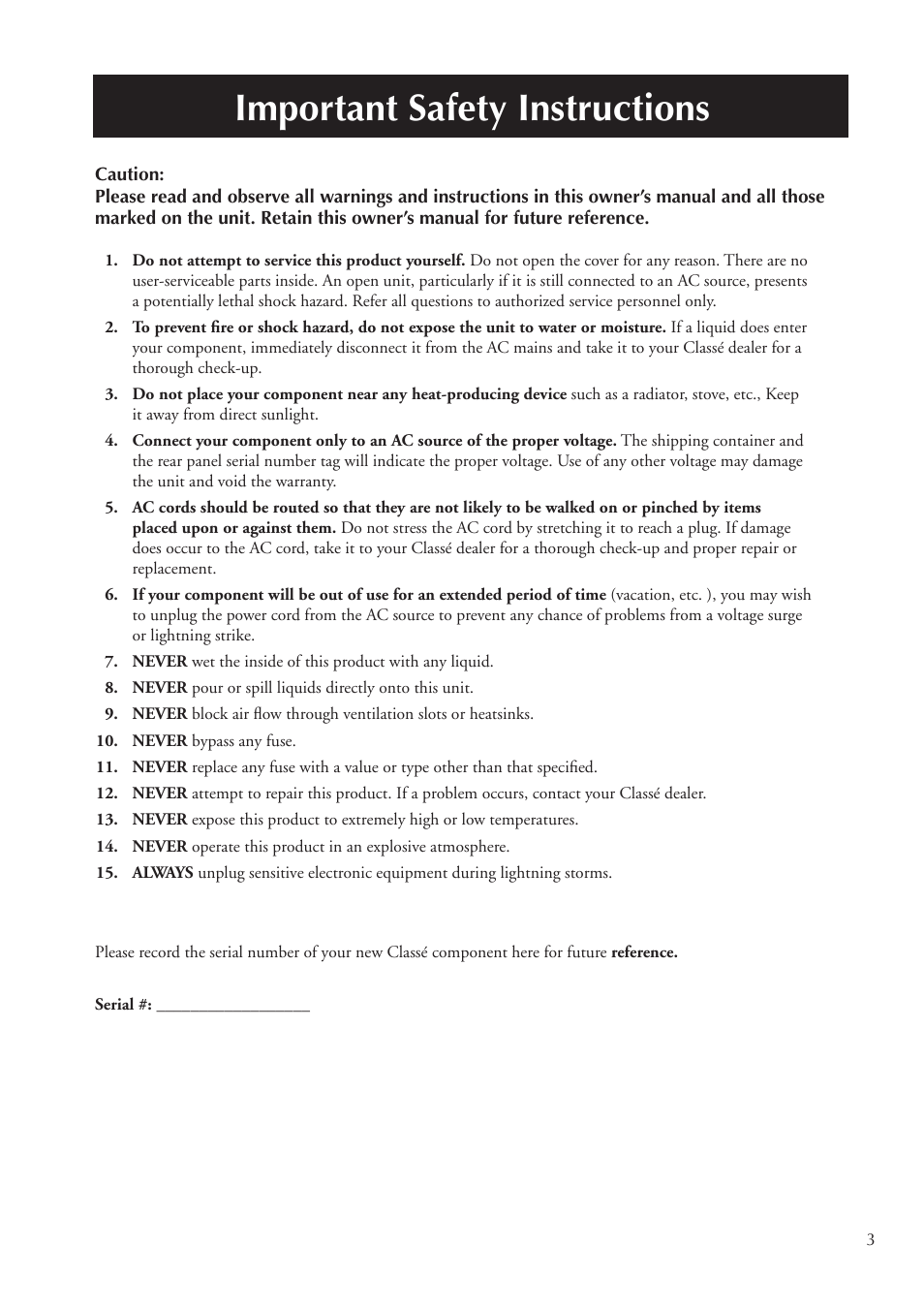 Important safety instructions | Classe Audio CA-2100 User Manual | Page 3 / 24