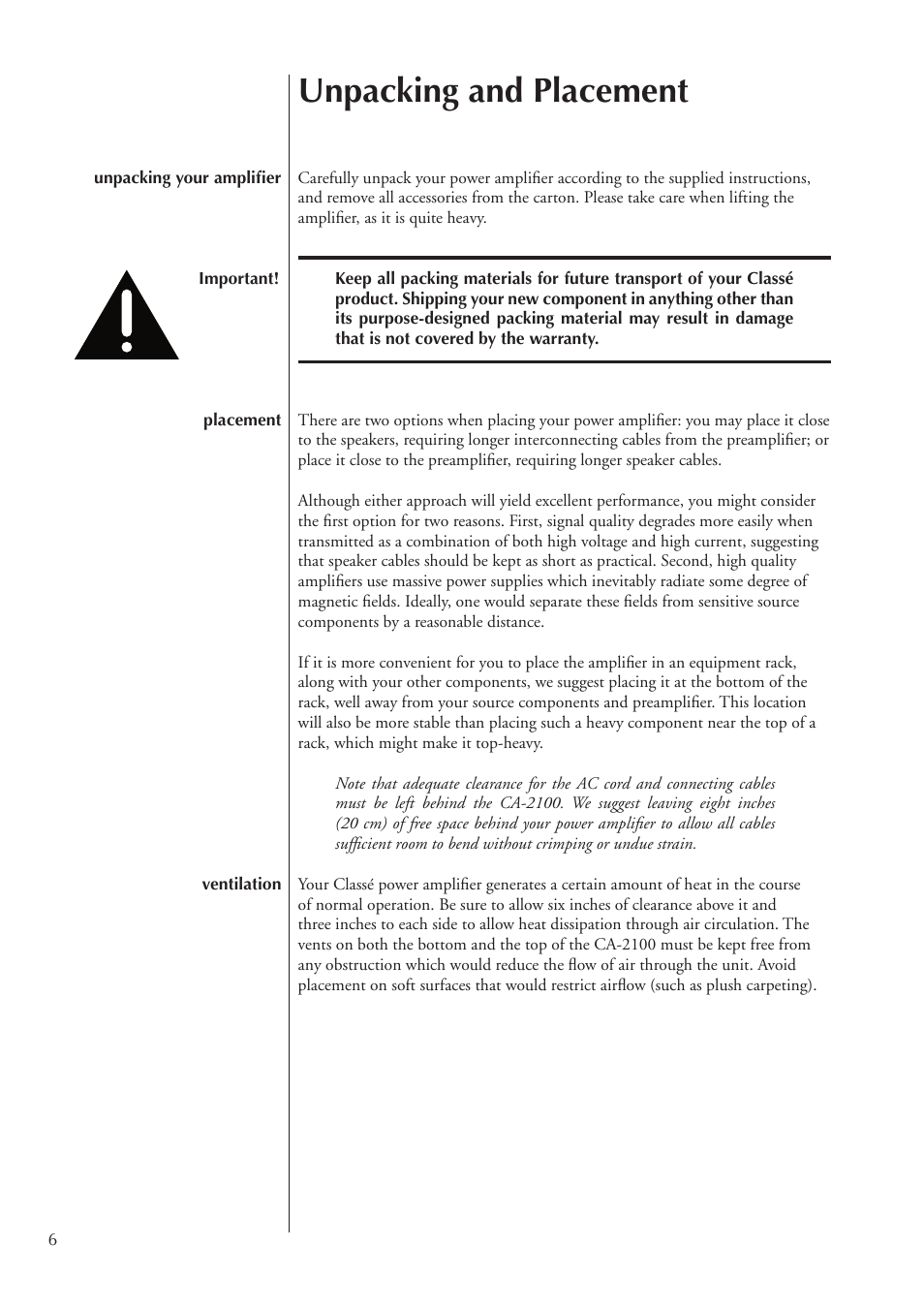 Unpacking and placement | Classe Audio CA-2100 User Manual | Page 6 / 24