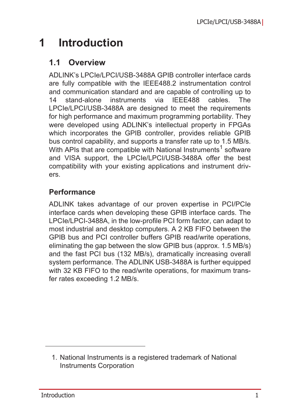 1 introduction, 1 overview, Performance | Overview, 1introduction | ADLINK LPCIe-3488A User Manual | Page 11 / 42