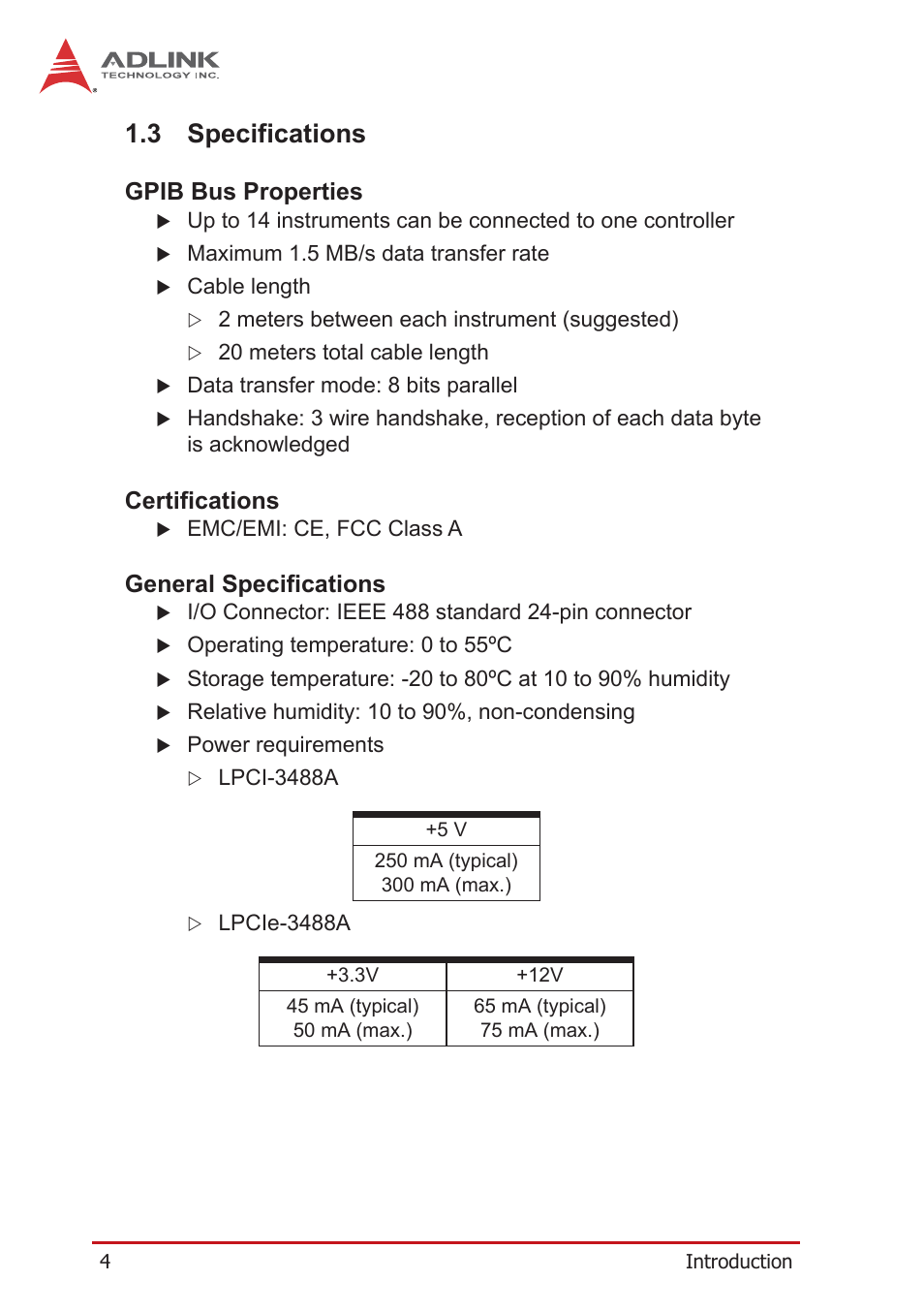 3 specifications, Gpib bus properties, Certifications | General specifications, Specifications | ADLINK LPCIe-3488A User Manual | Page 14 / 42