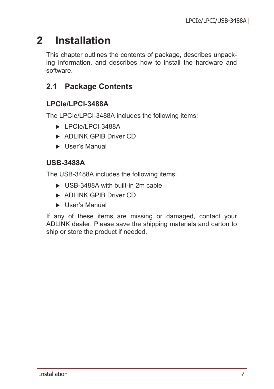 2 installation, 1 package contents, Lpcie/lpci-3488a | Usb-3488a, Package contents, Lpcie/lpci-3488a usb-3488a, 2installation | ADLINK LPCIe-3488A User Manual | Page 17 / 42