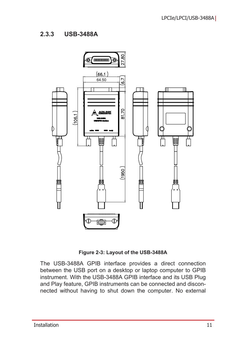 3 usb-3488a, Usb-3488a, Figure 2-3: layout of the usb-3488a | ADLINK LPCIe-3488A User Manual | Page 21 / 42