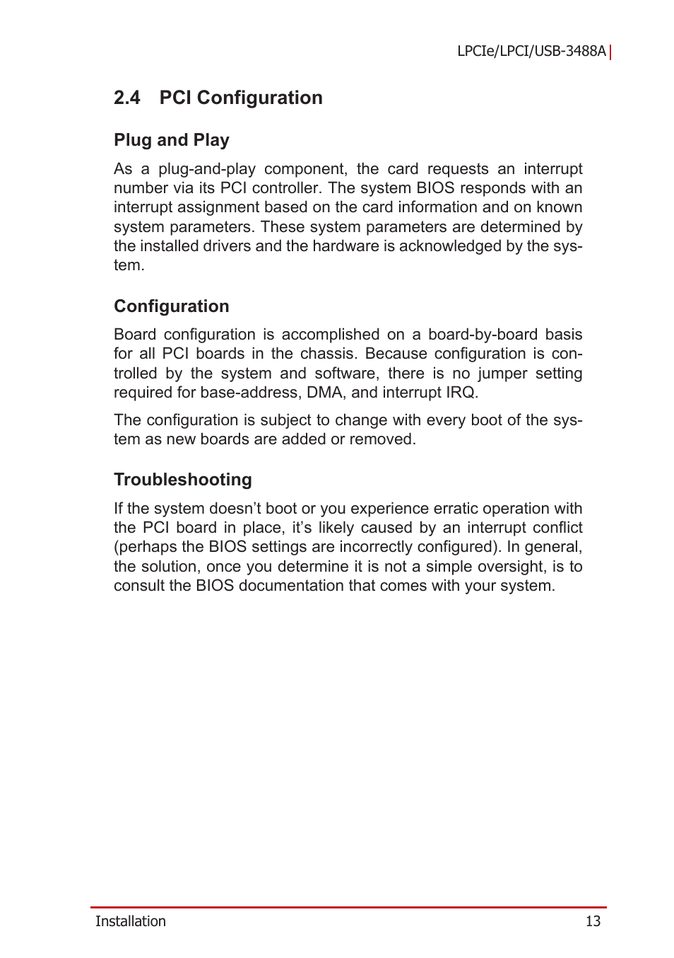 4 pci configuration, Plug and play, Configuration | Troubleshooting, Pci configuration, Plug and play configuration troubleshooting | ADLINK LPCIe-3488A User Manual | Page 23 / 42