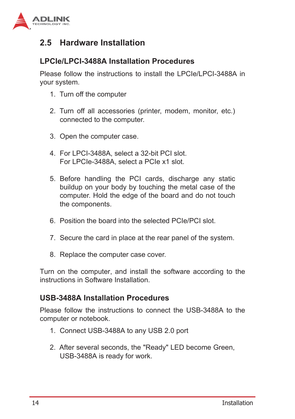 5 hardware installation, Lpcie/lpci-3488a installation procedures, Usb-3488a installation procedures | Hardware installation | ADLINK LPCIe-3488A User Manual | Page 24 / 42