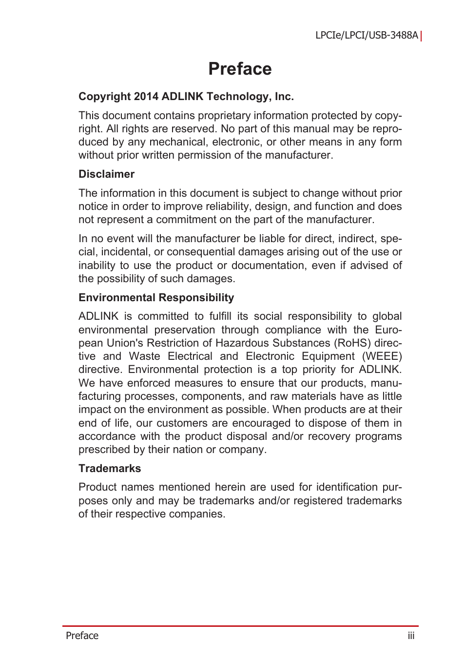 Preface | ADLINK LPCIe-3488A User Manual | Page 3 / 42