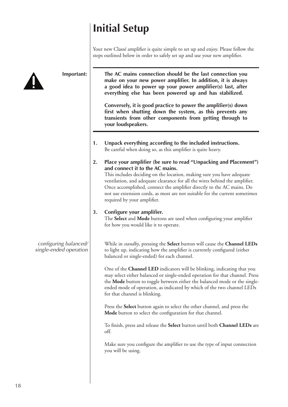 Initial setup | Classe Audio Power Amplifier CA-2200 User Manual | Page 18 / 26