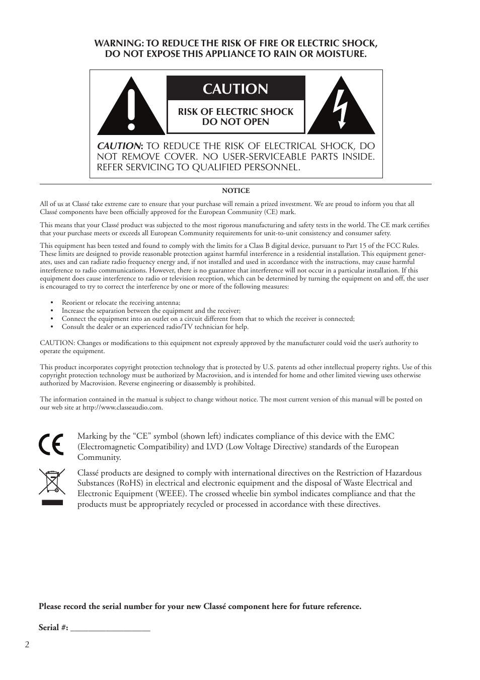 Caution | Classe Audio Power Amplifier CA-2200 User Manual | Page 2 / 26