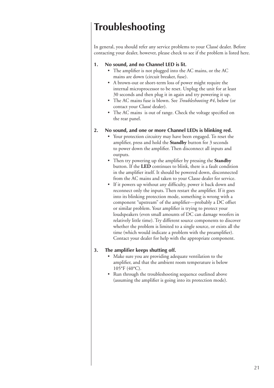 Troubleshooting | Classe Audio Power Amplifier CA-2200 User Manual | Page 21 / 26