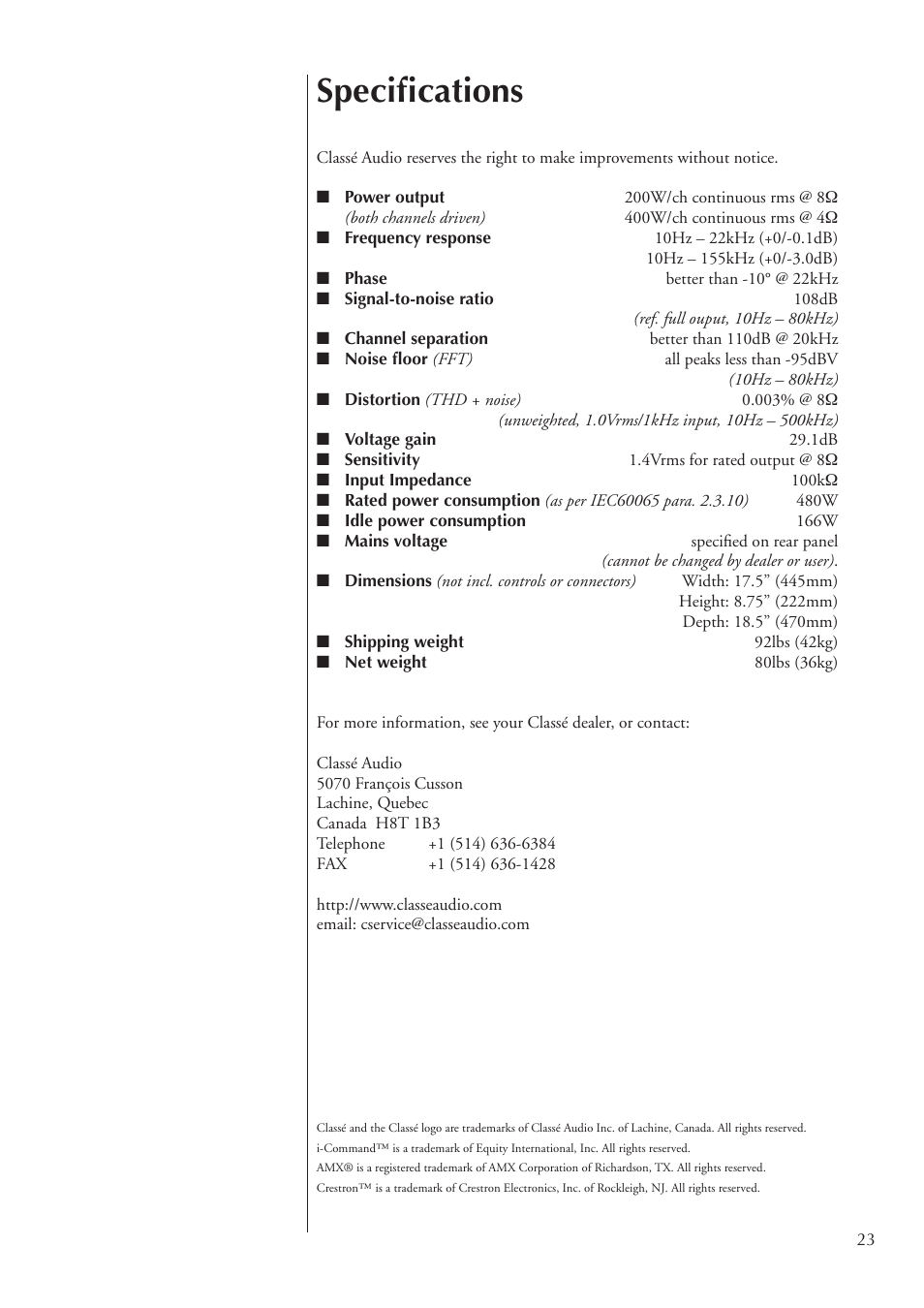Speciﬁcations | Classe Audio Power Amplifier CA-2200 User Manual | Page 23 / 26