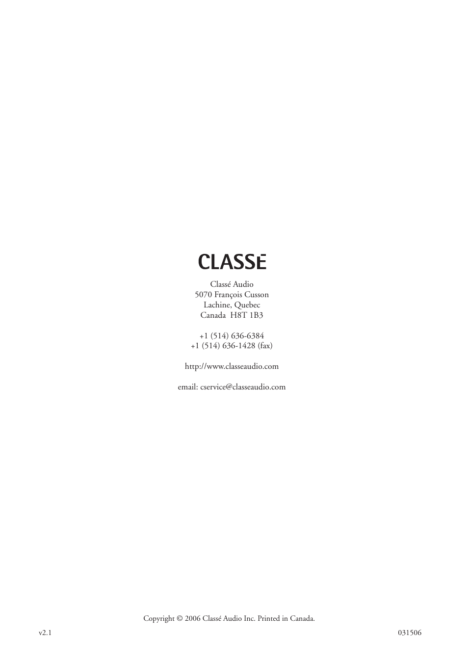 Classe Audio Power Amplifier CA-2200 User Manual | Page 26 / 26