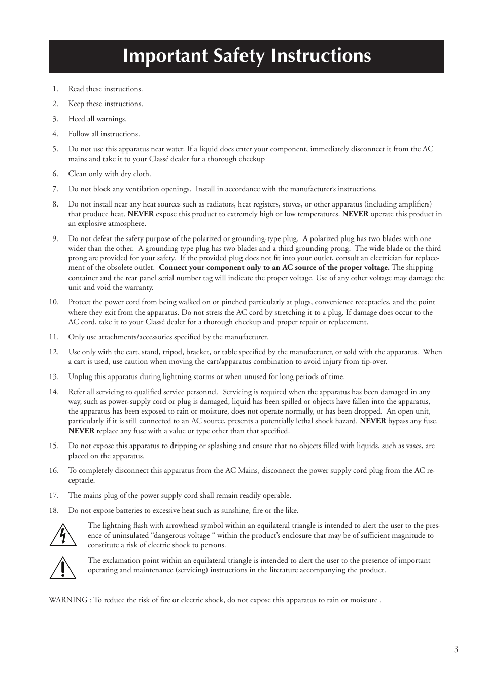 Important safety instructions | Classe Audio Power Amplifier CA-2200 User Manual | Page 3 / 26