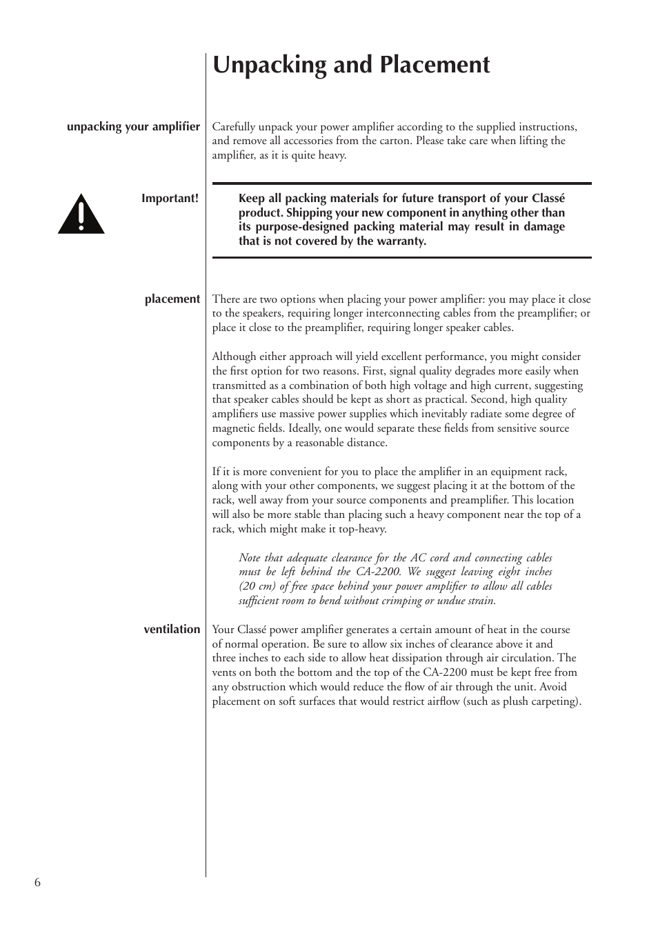 Unpacking and placement | Classe Audio Power Amplifier CA-2200 User Manual | Page 6 / 26