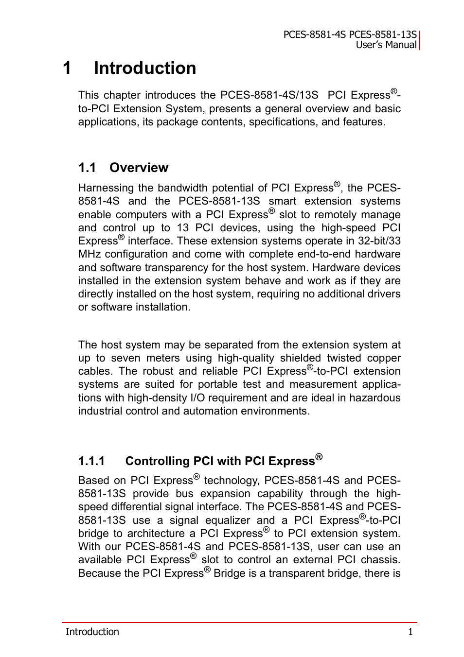 1 introduction, 1 overview, 1 controlling pci with pci express | Overview, 1introduction | ADLINK PCES-8581-13S User Manual | Page 15 / 58