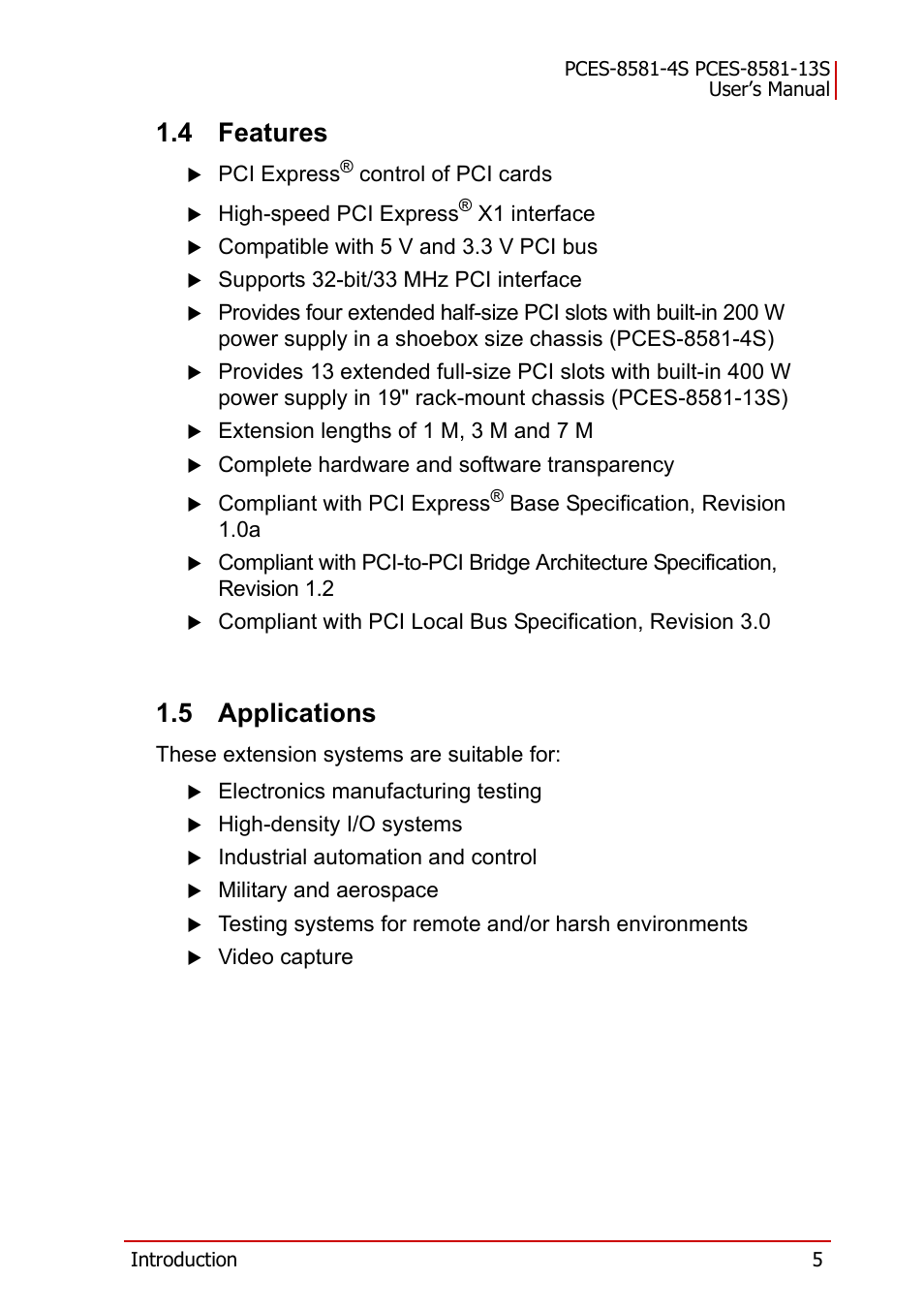 4 features, 5 applications, Features | Applications | ADLINK PCES-8581-13S User Manual | Page 19 / 58