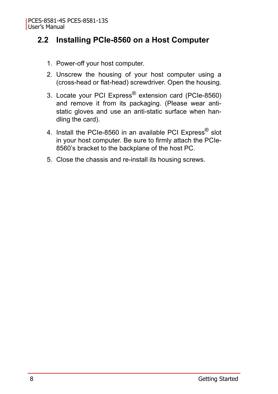 2 installing pcie-8560 on a host computer, Installing pcie-8560 on a host computer | ADLINK PCES-8581-13S User Manual | Page 22 / 58