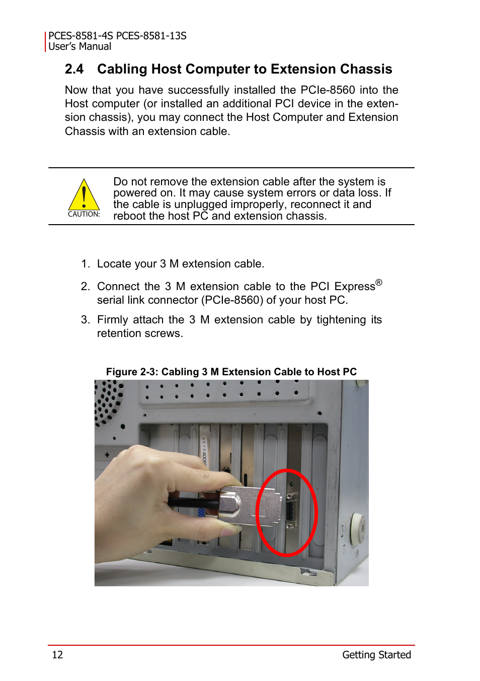 4 cabling host computer to extension chassis, Figure 2-3: cabling 3 m extension cable to host pc, Cabling host computer to extension chassis | ADLINK PCES-8581-13S User Manual | Page 26 / 58